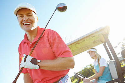 Buy stock photo Sports, happy and portrait of man for golf  with club for game, match and competition on golfing course. Recreation, hobby and couple in cart in morning excited for training, fitness and practice