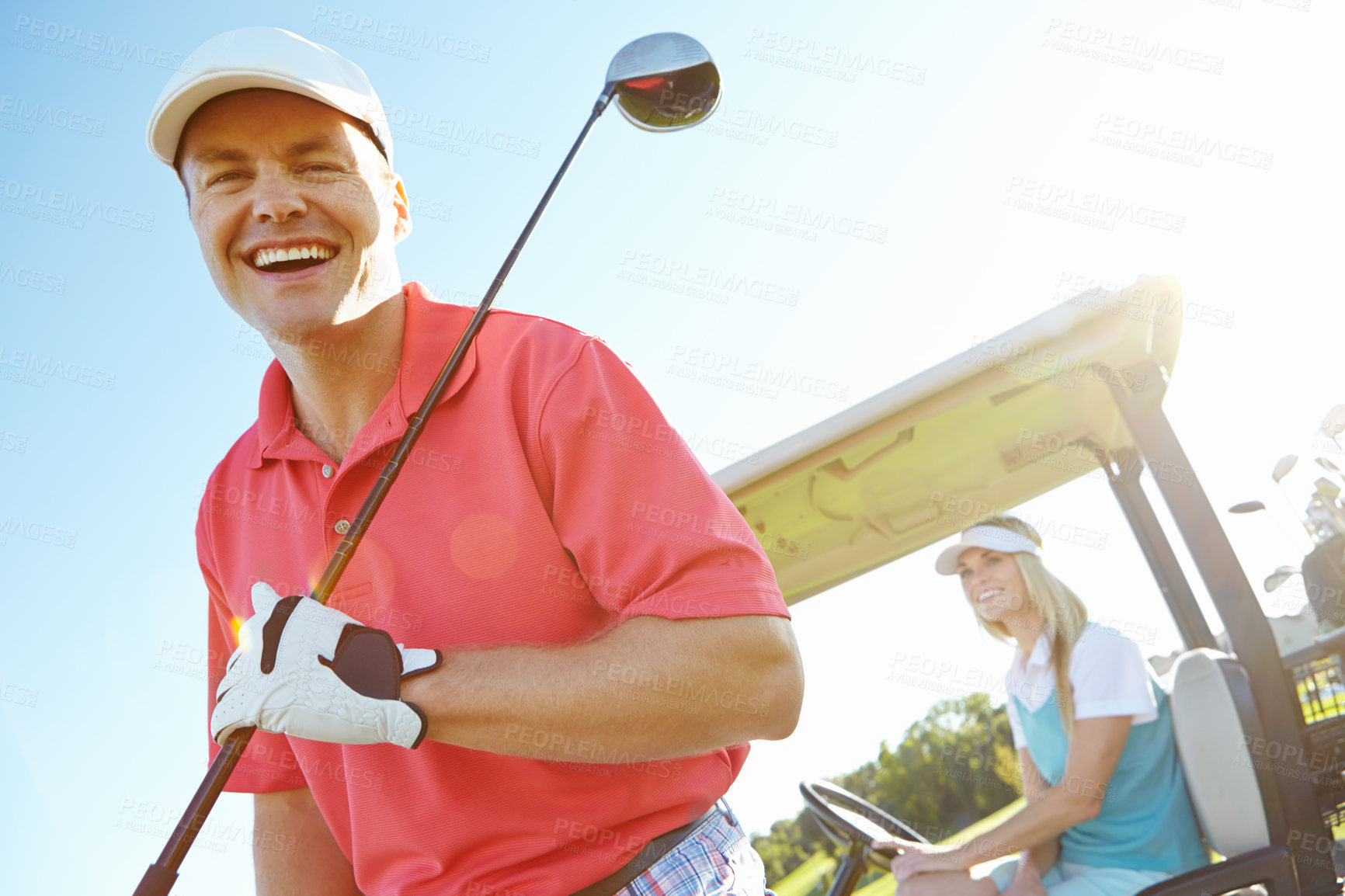 Buy stock photo Sports, happy and portrait of man for golf  with club for game, match and competition on golfing course. Recreation, hobby and couple in cart in morning excited for training, fitness and practice