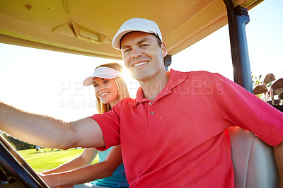 Buy stock photo Golf cart, couple and club for game, fitness or weekend hobby together on vacation. Drive, smile and happy man with woman on course for competition, outdoor challenge and transport for sports