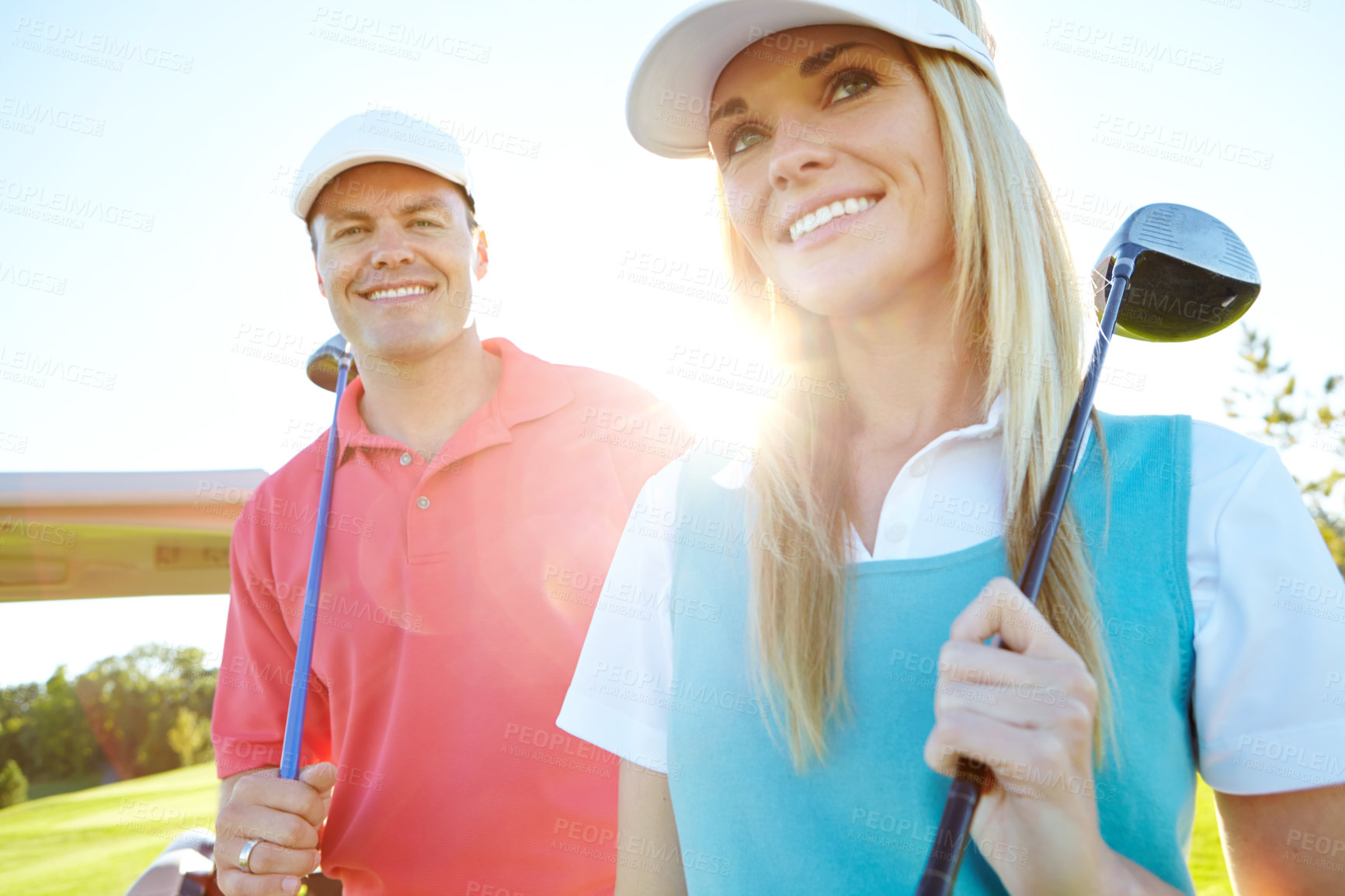 Buy stock photo Golf course, smile and couple with club for sport, game and thinking with driver equipment. Golfers, happy man and woman in nature for exercise, training or competition practice on grass with partner