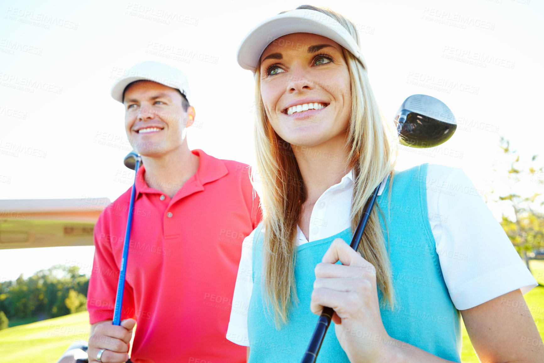 Buy stock photo Golf course, smile and couple with club outdoor for sport, game and thinking with driver. Golfers, happy man and woman in nature for exercise, training and competition practice on turf with partner