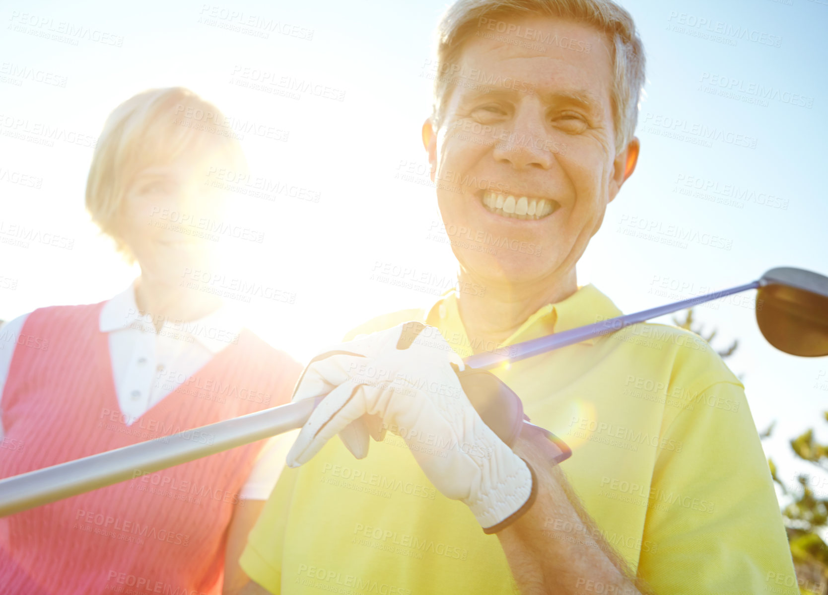 Buy stock photo Portrait, smile and senior couple with club at golf course for outdoor training, practice and bonding. Happy, woman and man with equipment in nature for retirement exercise, hobby and sports together