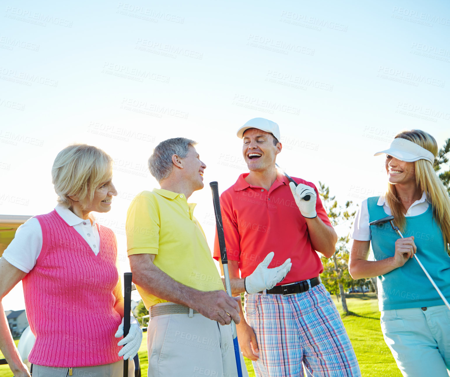 Buy stock photo Happy people, golfers and laughing with funny joke for game, match or bonding on grass field. Group of players with smile for fun humor in sport, golf or outdoor activity together on course in nature