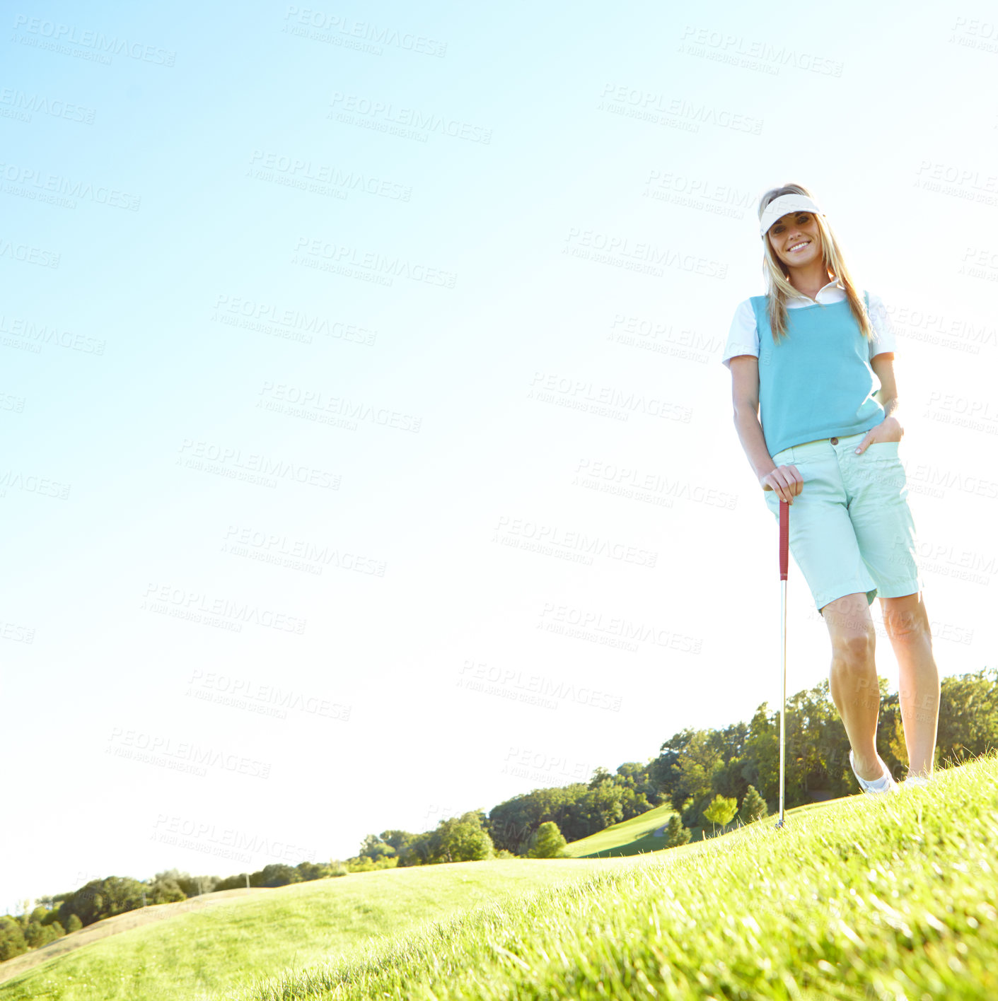 Buy stock photo Golfing, nature and portrait of woman at country club for practice, challenge or exercise outdoor. Happy, person and female golfer from Ireland by cart for training, competition or tournament.