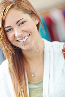 Buy stock photo Portrait, shopping and woman in boutique, retail and smile with purchase, eco friendly store or client. Face, person or customer with happiness, fashion or discount deal with brand design or consumer