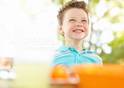 Buy stock photo Cute little boy smiling cheekily at picnic table