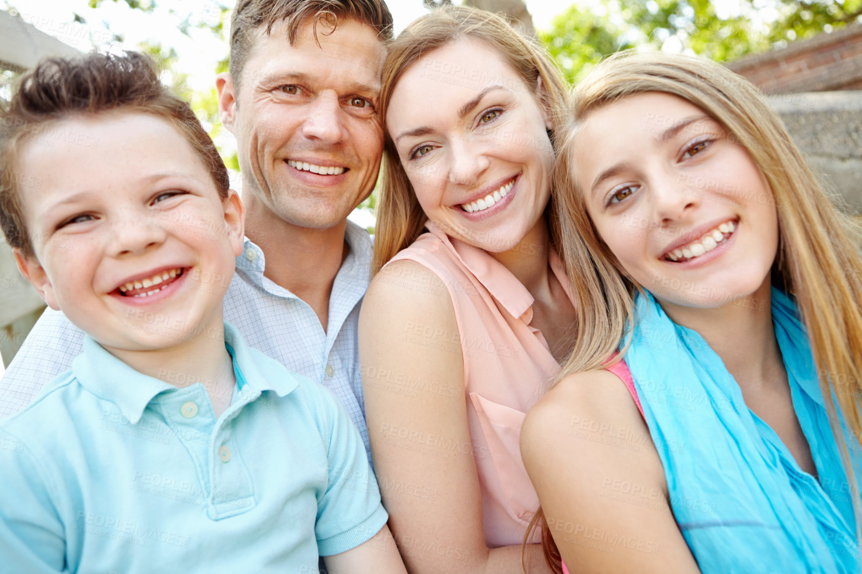 Buy stock photo Portrait, happy family and parents with children outdoor for holiday, vacation or people laugh together. Face, mother and father with kids at backyard for love, support and care with siblings in UK