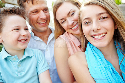 Buy stock photo Portrait, children and bonding with family, outdoor and parents with siblings, embrace or love in nature. Happy, woman and man with kids, together and relax in weekend, fun and break in park or youth