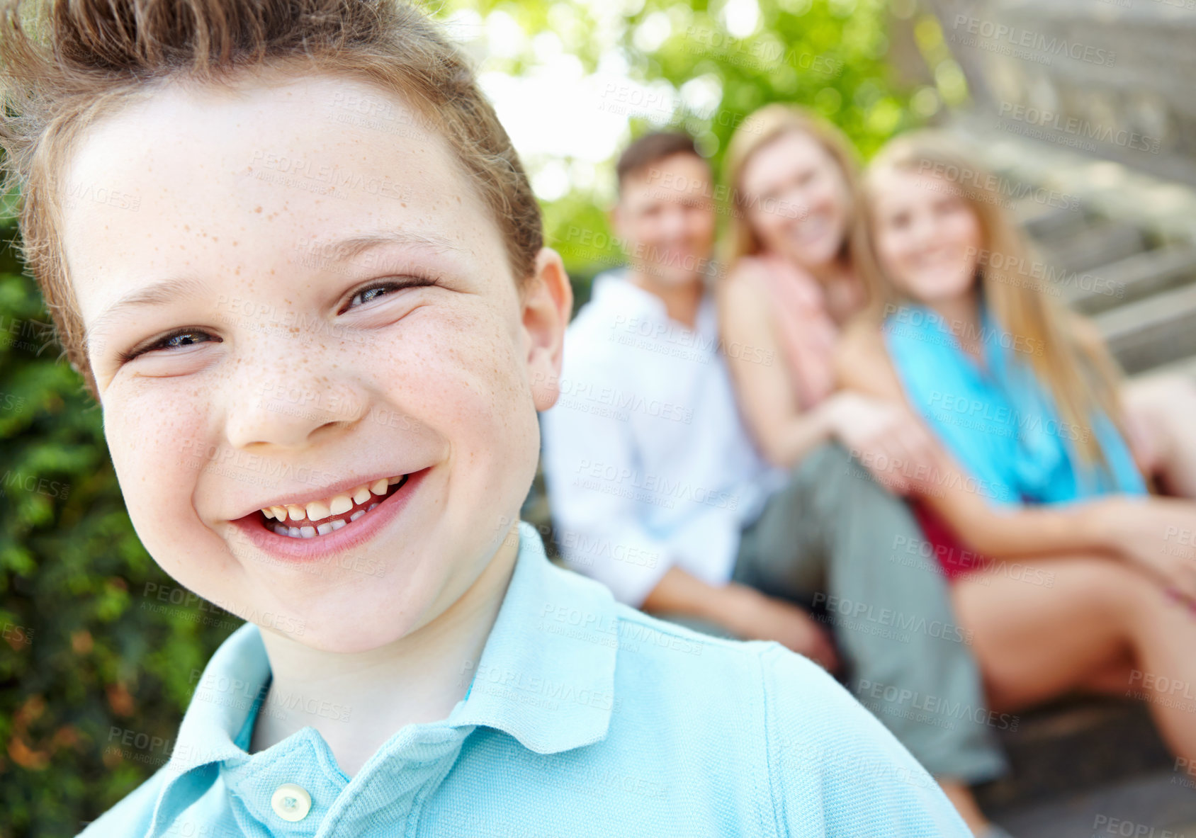 Buy stock photo Portrait, outdoor and family with boy, kids and bonding together with happiness, mother and love. Face, parents and children in park, cheerful and vacation with nature, father and weekend break