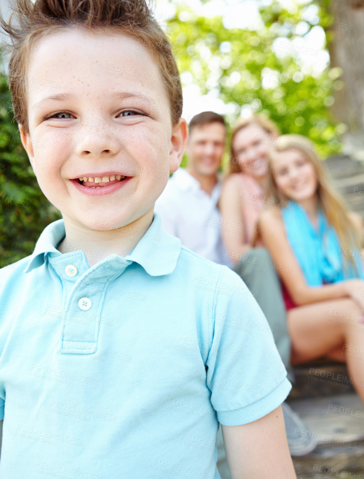 Buy stock photo Portrait, outdoor and family with boy, kids and bonding together with happiness, nature and love. Face, parents and children in park, cheerful and vacation with journey, sunshine and weekend break