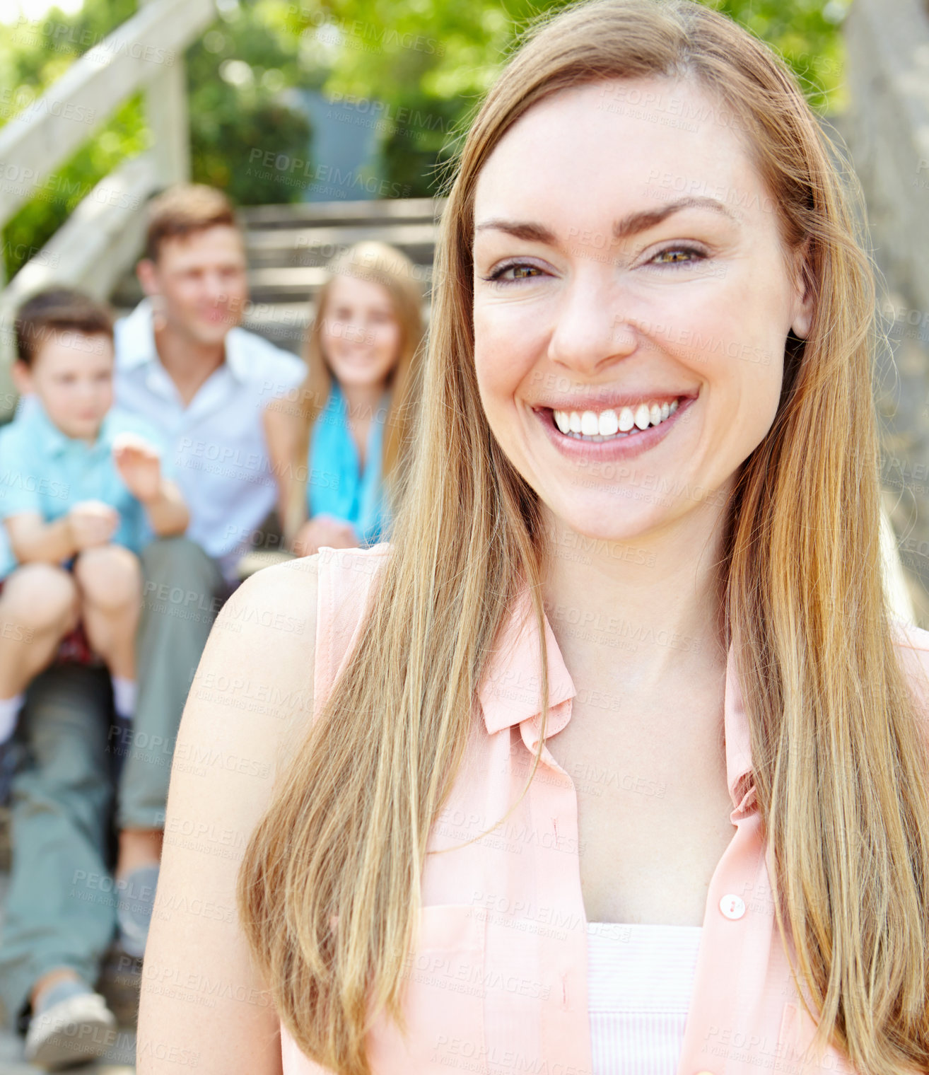 Buy stock photo Portrait, smile and mother with family outdoor for summer vacation, relaxing and bonding together with love. Happy, woman and holiday peace of travel with kids, man and calm morning for weekend break