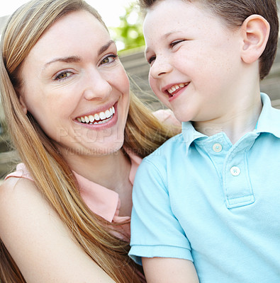 Buy stock photo Portrait, mom and bonding with child, outdoor and relax in nature, woman and son in mothers day and smile. Summer, mother and embrace with boy, care and love of parent, calm and together in park