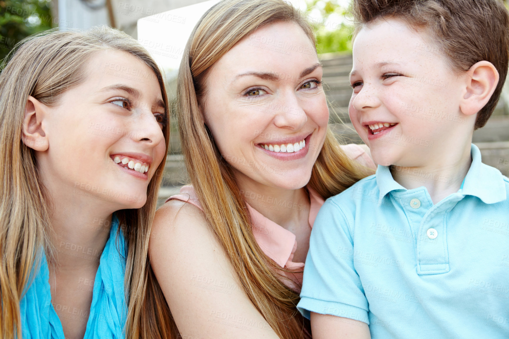 Buy stock photo Portrait, mom and bonding with children, relax and smile in nature, daughter and son in mothers day or outdoor. Summer, mother and embrace with boy, parent and love of kids, woman or together in park