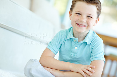 Buy stock photo Relax, confidence and portrait of happy kid in home living room for rest, playing and comfort on floor. Face, child and smile of cute boy in lounge with arms crossed or adorable alone in Switzerland