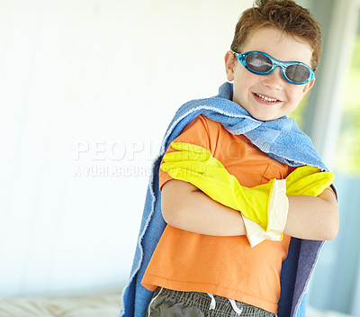 Buy stock photo Costume, confident kid and happy superhero in home for game, fantasy or play. Smile, cute boy and fearless hero in mask with arms crossed to fight for justice, power and creative cosplay with space