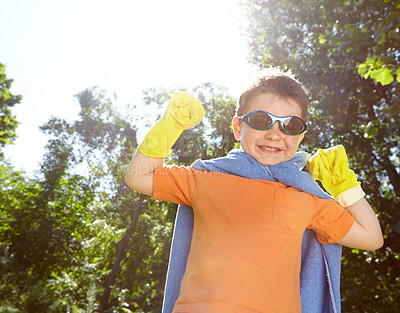 Buy stock photo Fantasy, portrait and superhero with boy in garden for child development, games or growth in summer. Cape, smile and sunglasses with happy child in costume outdoor for crime fighting or defending