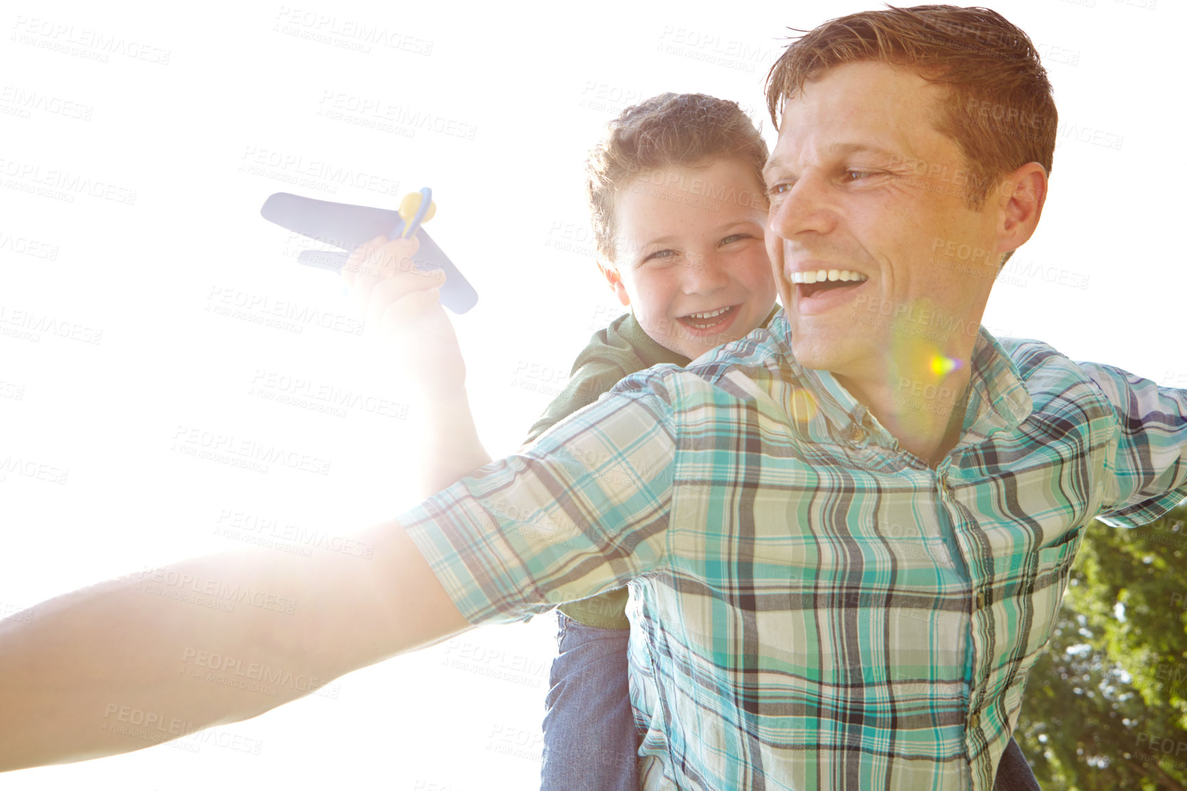 Buy stock photo Piggyback, plane or smile with father and son outdoor together for bonding, fantasy or having fun. Happy, face or funny with single parent man and boy child flying or playing for relationship