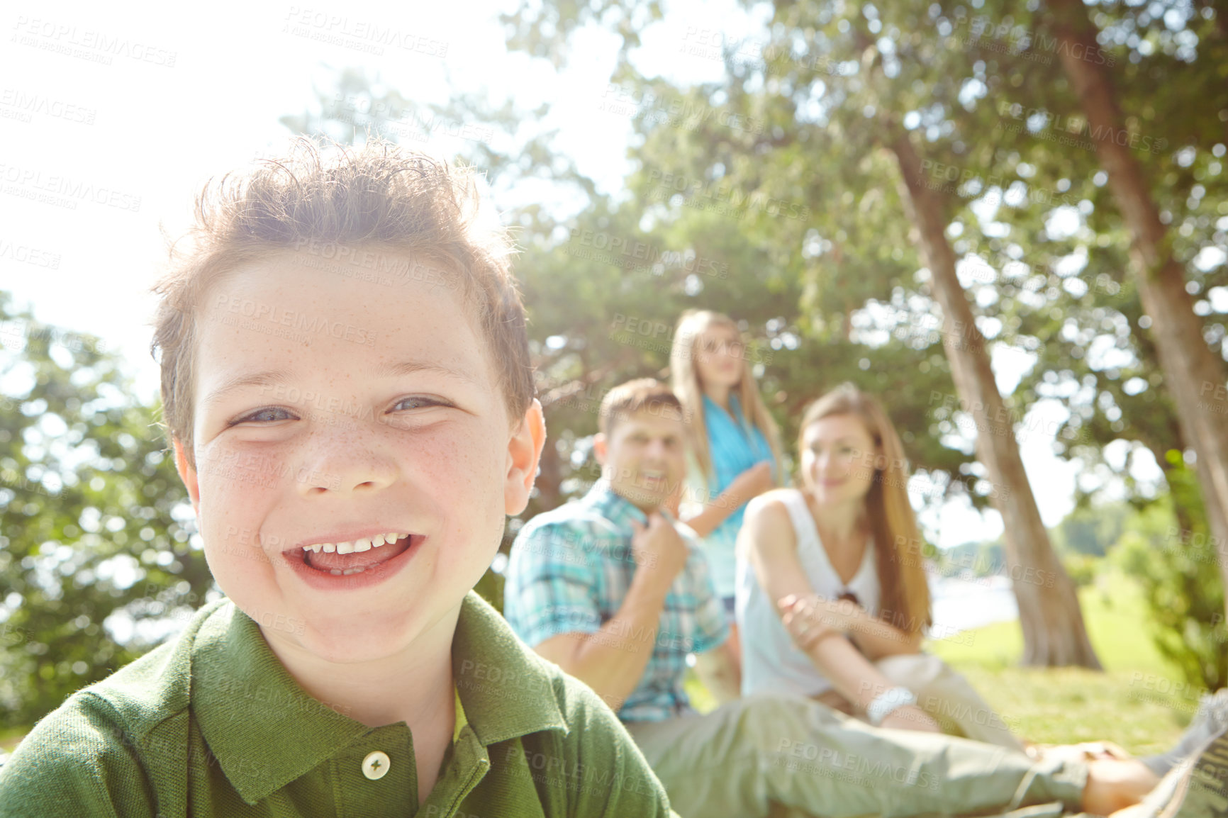 Buy stock photo Portrait, happy child and bonding in summer on weekend, holiday or vacation in backyard or garden. People, family and outdoor with parents, joy and smile as playful for fun, love and support in USA