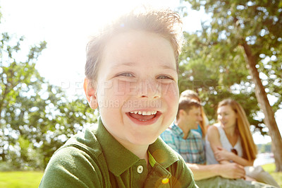 Buy stock photo Portrait, happy child and family in garden on weekend, holiday or vacation in backyard or summer. People, bonding and outdoor with parents, joy and smile as playful for fun, love and support in Spain