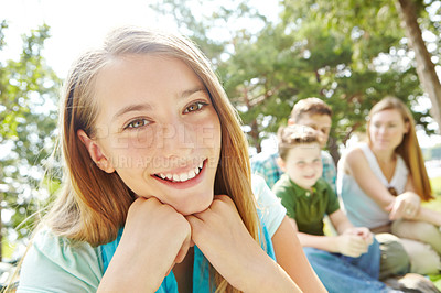 Buy stock photo Love, smile and happy girl with portrait outdoor in park, woods or forest with bonding and care. Teenager, family and summer holiday in nature for vacation, adventure or trip together with trees