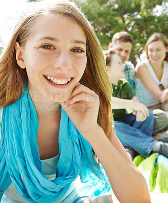 Buy stock photo Love, smile and happy teenager with portrait outdoor in park, woods or forest with bonding and care. Girl, family and summer holiday in nature for vacation, adventure or trip together with trees