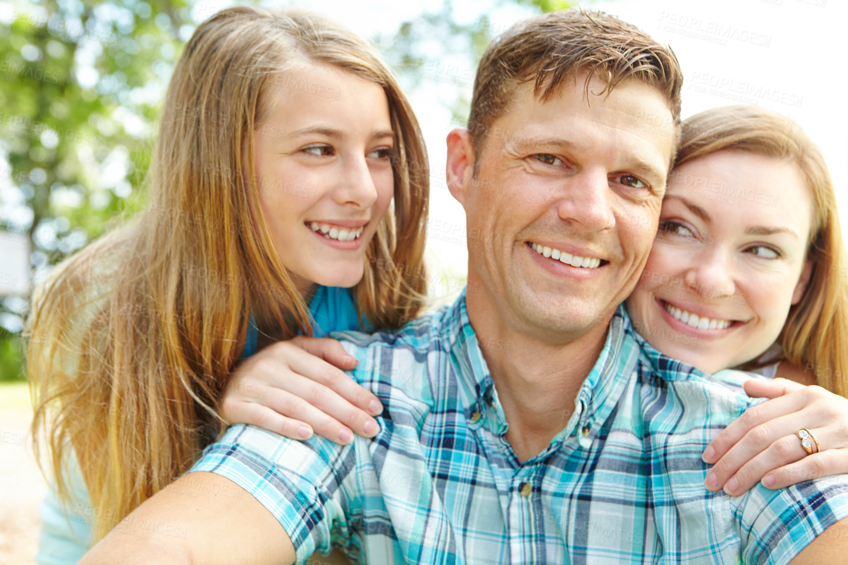 Buy stock photo Selfie, happy family and parents with kid at park for holiday, vacation and people bonding together. Smile, mother and father with teen child outdoor for pride, support and photography for memory