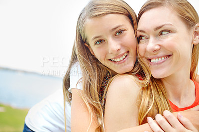 Buy stock photo Portrait, mama and girl with hug, outdoor and smile with happiness, bonding together and child. Face, family and single parent in park, mother, daughter and embrace with weekend break, nature and joy