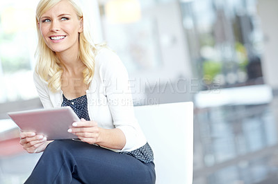 Buy stock photo Business, woman and idea with tablet in office for company equity, research or online stock forecast. Financial, trader and thinking with technology for finance news, prediction or share price update