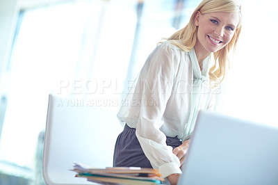 Buy stock photo Business woman, laptop and research in office for schedule, communication and online application. Receptionist, tech and portrait for project workflow, administration and networking in workplace