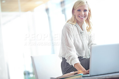 Buy stock photo Business woman, laptop and portrait with internet, creative agency and ideas for solution or brainstorming. Girl, entrepreneur or brand consultant with project, proposal and online startup for office