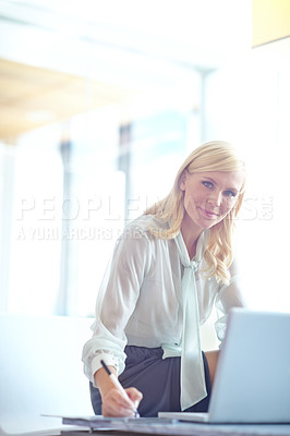 Buy stock photo Laptop, portrait and writing with business woman at desk in office for administration or planning. Notebook, research and smile with happy employee in professional workplace for agenda or schedule