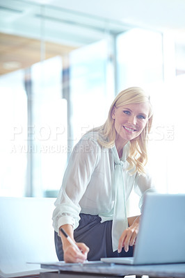 Buy stock photo Brand consultant, laptop and portrait with notes, creative agency and smile for solution or brainstorming. Business woman, entrepreneur or girl with project, proposal and online startup for office