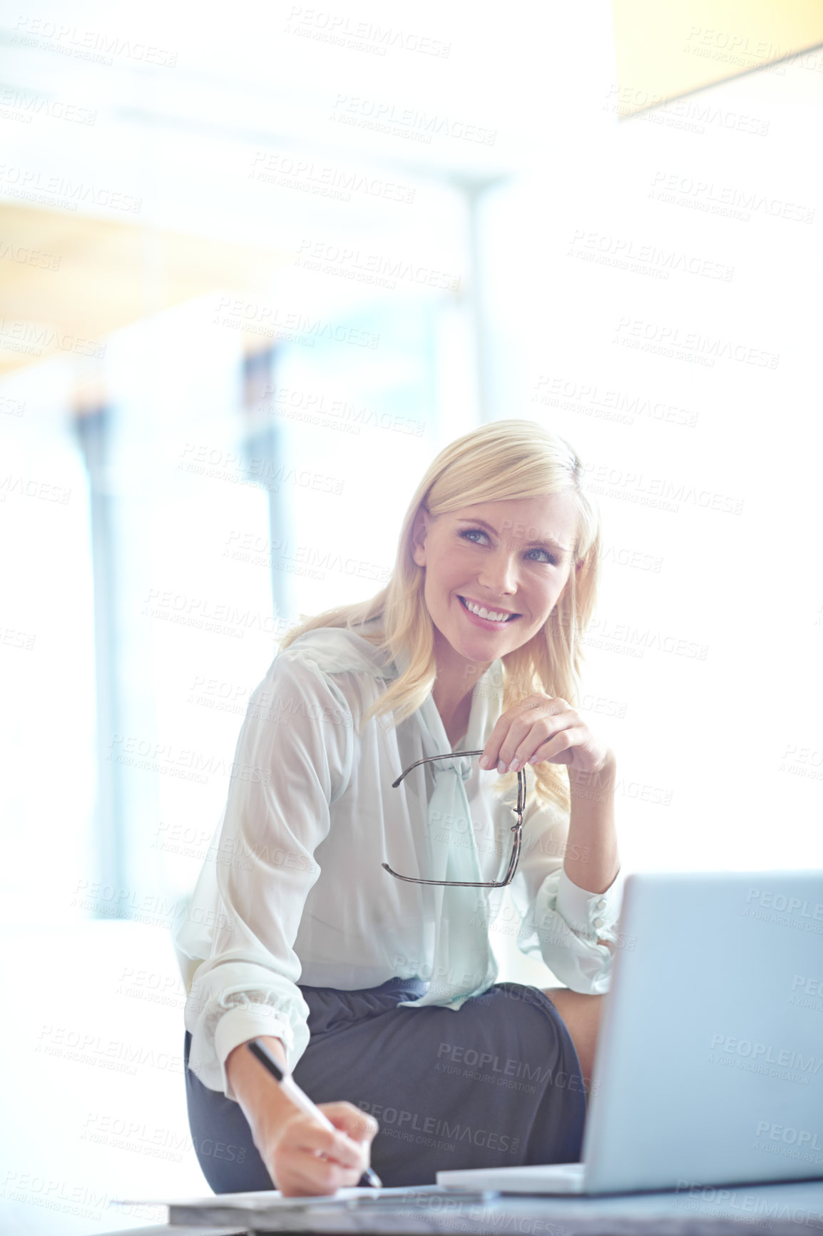 Buy stock photo Business woman, laptop and thinking with ideas, creative agency and smile for solution or brainstorming. Girl, entrepreneur or brand consultant with project, proposal and online startup for office