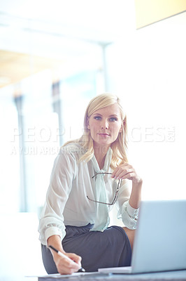 Buy stock photo Business woman, laptop and portrait with schedule, notes and creative agency for solution or brainstorming. Lady, entrepreneur or brand consultant with project, proposal and online startup for office