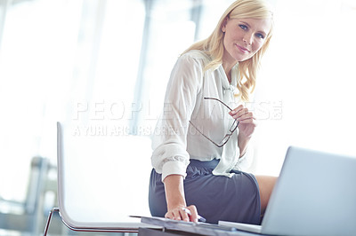 Buy stock photo Business woman, laptop and portrait with thoughtful, creative agency and ideas for solution or brainstorming. Lady, entrepreneur or brand consultant with project, proposal and online startup office