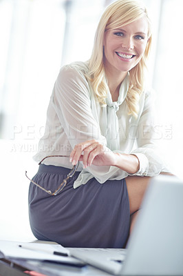 Buy stock photo Business woman, laptop and smile with project, creative agency and ideas for solution or brainstorming. Lady, entrepreneur or brand consultant with internet, proposal and online startup for office