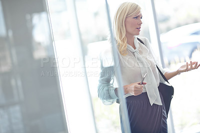 Buy stock photo Business woman, phone and walking in office for professional career, development and communication. Employee, mobile and female interior designer for confidence, talking and management with company