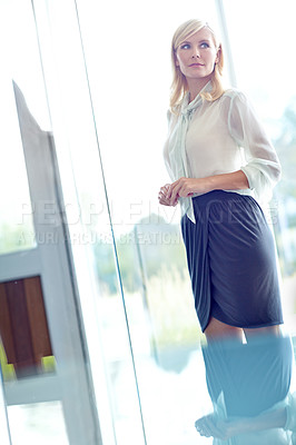 Buy stock photo Woman thinking, professional and office for future project, financial planner and ponder on opportunity. Female person, employee and workplace for reflection on growth, company insight and solution