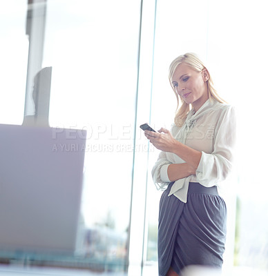 Buy stock photo Business woman, smartphone and reading in office with click for notification, email or contact at company. Person, phone and scroll on mobile app for networking, chat and texting at insurance agency