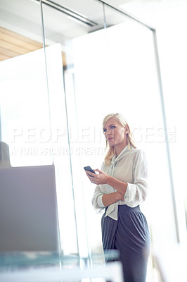 Buy stock photo Woman, phone and thinking in office with contact for notification, email or ideas at company. Business person, smartphone and scroll on mobile app for networking, chat and texting at insurance agency