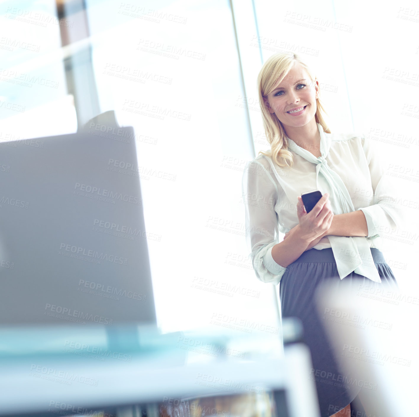 Buy stock photo Office, portrait and businesswoman with mobile for chat, feedback and notification from contact. Workplace, female person or consultant with smartphone for text message, scroll online and smile