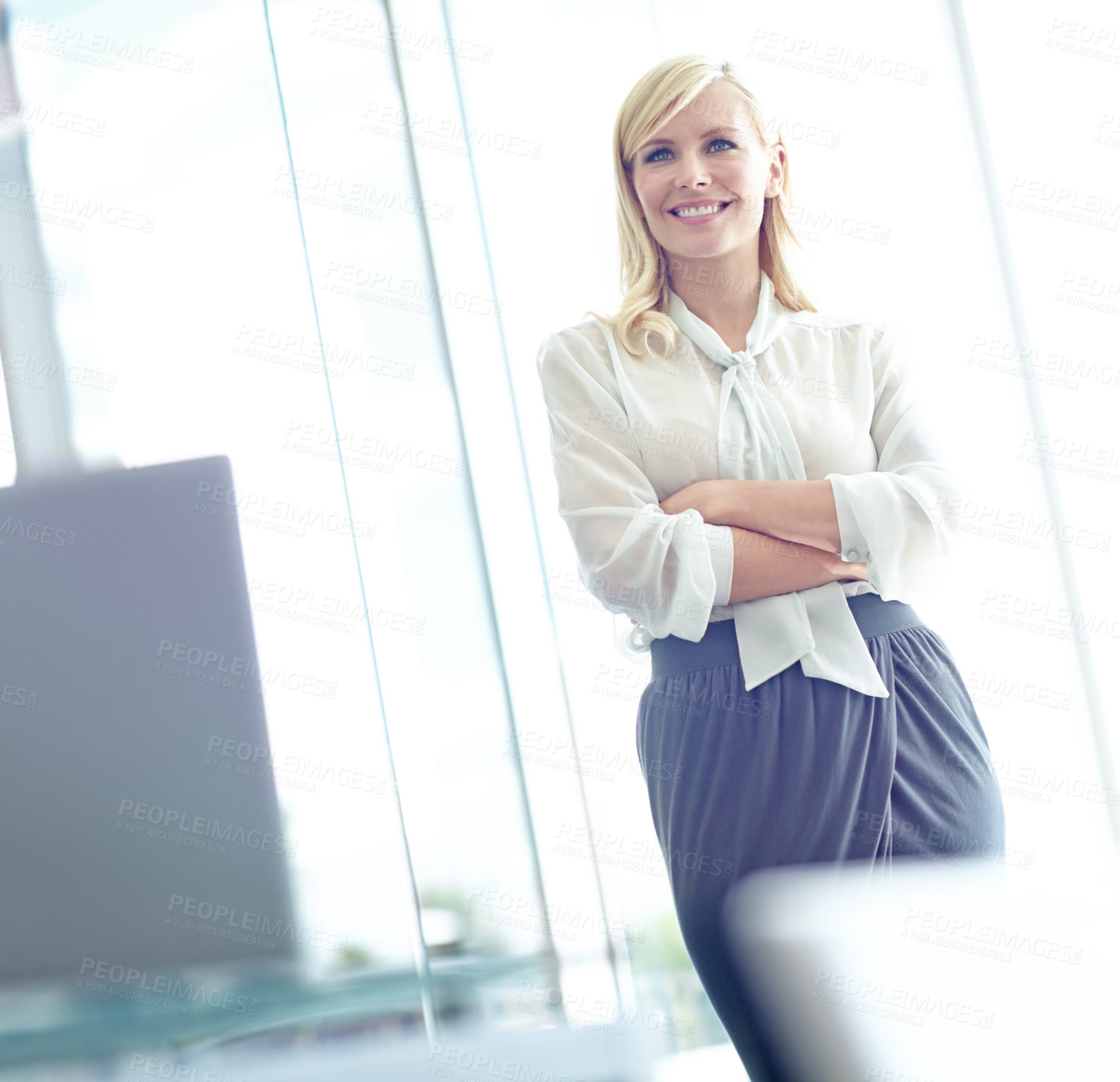 Buy stock photo Woman, arms crossed and office for project thinking, financial planner and ponder on opportunity. Female person, employee and workplace for reflection on growth, company insight and solution ideas