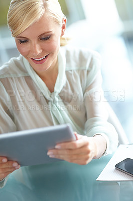 Buy stock photo Office, woman and reading with tablet at desk for stock market, research or online forecast report. Financial, business and broker with technology for share price, prediction or company equity update