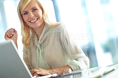 Buy stock photo Portrait, smile and woman with laptop, online and confident with research for financial advice in office. Digital, proud and accountant with budget of company and typing with pride of business