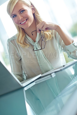 Buy stock photo Portrait, research and woman with laptop, online and confident with smile of financial advisor in office. Digital, proud and accountant with budget of company, tech and glasses for vision of business