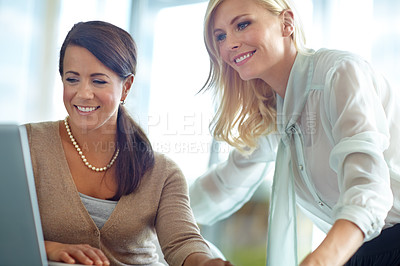 Buy stock photo Laptop, online and business women in office for discussion, project review and consulting. Corporate company, collaboration and people in meeting on computer for research, website and feedback