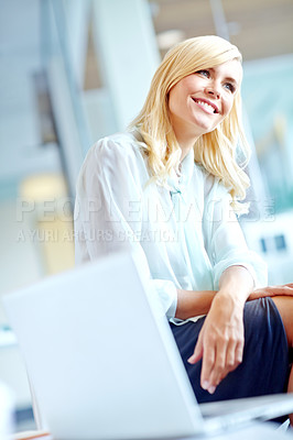 Buy stock photo Business woman, laptop and thinking with solution, creative agency and ideas for internet or brainstorming. Smile, entrepreneur or brand consultant for project, proposal and online startup for office