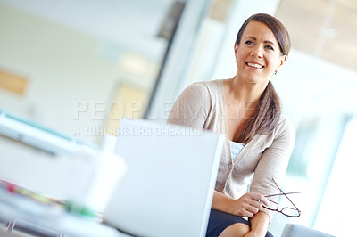 Buy stock photo Business, woman and thinking with smile in office for consultation, ambition and appointment planning. Happy, administrator and glasses with digital for about us, proposal goals and career experience