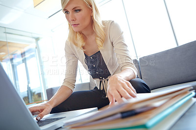 Buy stock photo Business, online reading and woman with laptop, typing and connection with website info, documents and app. Journalist employee or consultant with pc, research for article or editing in modern office