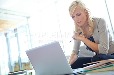 Buy stock photo Business, thinking and woman with laptop, typing and connection with research, risk management and email notification. Modern office, employee and consultant with pc, proposal and compliance policy